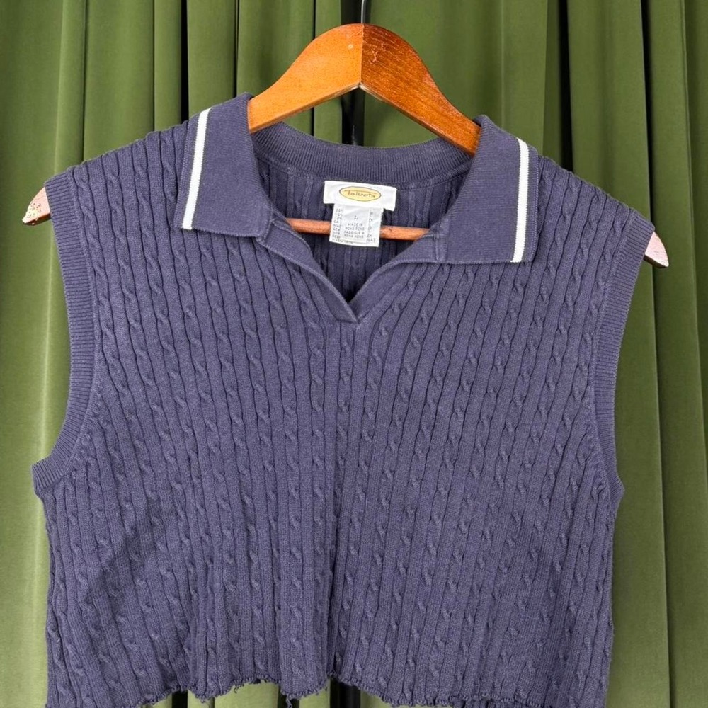 Talbots Navy Blue Cable Knit Cropped Sweater Vest Polo Collar Women Large